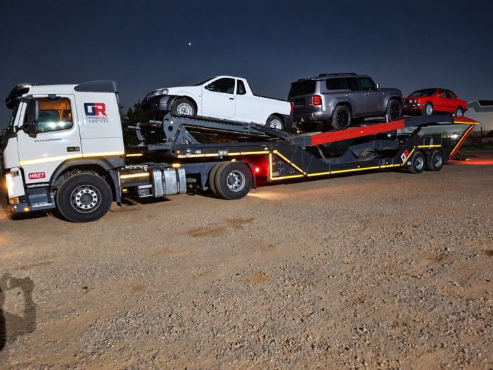 Open Road Carriers — vehicles on a carrier at night.
